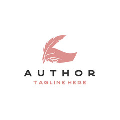 Feather Pen and hand Minimalist Handwriting Logo design vector