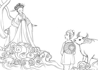 Chinese folk story, the weaving girl and cowherd. Digital illustration, black and white.