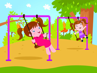 Two little girls cartoon character playing on the swing at the park