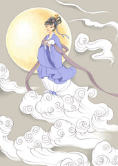 Chinese folk story, the goddess Chang'e flying to the moon. The Mid Autumn Festival. Colorful illustration, digital art.