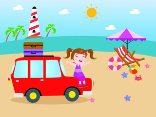 Naklejka premium Cheerful little girl cartoon character sitting on the car and smiling while enjoying holiday at the beach