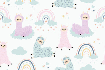 Seamless llamas vector pattern with rainbows and clouds on blue color background. Cute cartoon personage lama. nursery printable stuff. Alpaca Seamless Pattern. Children's, Textiles, Wallpapers