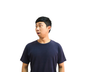 Young man feel shock at face looking left open the mouth portrait black shirt crop half body white isolated background