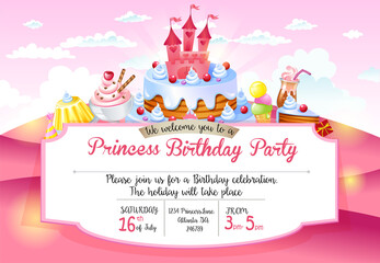Invitation to Princess Birthday Party with a with various amazing sweets