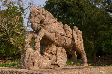 Statue of war horses at the ancient Surya Hindu Temple at Konark Orissa India. 13th Century AD