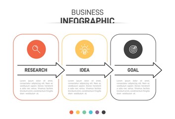 Concept of arrow business model with 3 successive steps. Three colorful graphic elements. Timeline design for brochure, presentation. Infographic design layout.