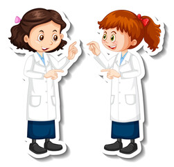 Scientist girls cartoon characters with science experiment object