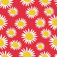 Fototapeta na wymiar seamless pattern with white daisy, red background, yellow color floral drawing 
