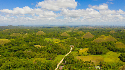 Aerial drone of the chocolate hills, a famous tourist destination on the island of Bohol, Philippines.