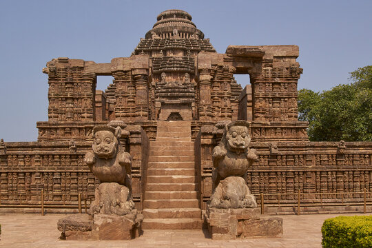 Detail of religious carvings decorating the ancient Surya Hindu Temple at Konark Orissa India. 13th Century AD