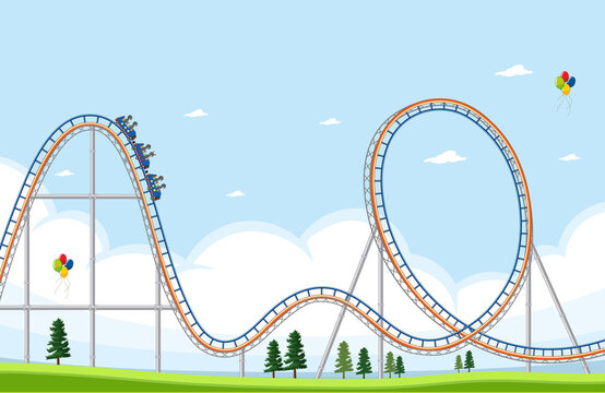 Amusement park scene with roller coaster