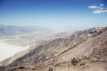 Naklejka na ściany i meble USA, DEATH VALLEY: Scenic landscape view of the saline from the top with the mountains