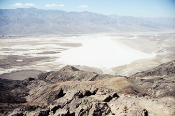 USA, DEATH VALLEY: Scenic landscape view of the saline from the top with the  mountains