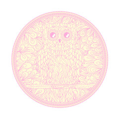 Mandala with owl. Zentangle. Hand drawn abstract patterns on isolation background. Design for spiritual relaxation for adults. Zendala. Outline for tattoo, printing on t-shirts, posters and other