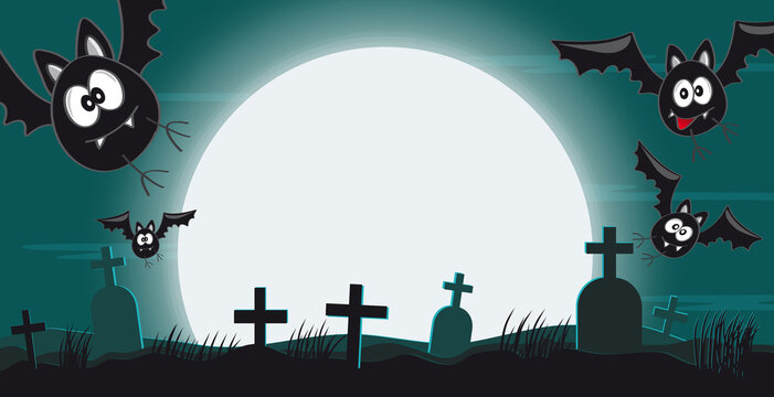 Halloween Vollmond mit Friedhof und lustigen Flederm&auml;usen bei Nacht