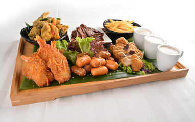 giant appetiser platter combo with mini hot dog, mushroom soup, deep fried tempura prawn, sliced...