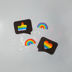 Happy Pride month banner for lgbt rights or social issues event. Colorful rainbow heart and thumb...