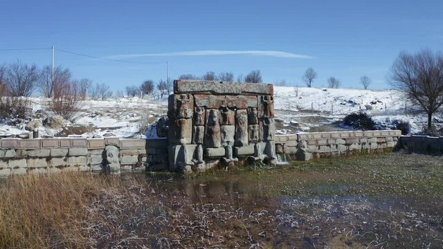Hittite Holy Water Temple, ancient Hittite monument Eflatun Spring. winter time. 4K. 2. aerial view.