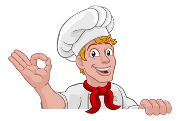 Chef Cook Baker Man Cartoon Peeking Over Sign