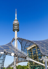 TV tower in Munich in Olympiaturm - obrazy, fototapety, plakaty