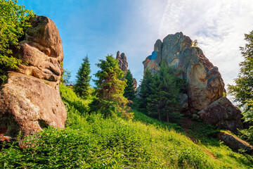 High rocks in the Carpathian mountains, nature landscape, ruins of Tustan fortress