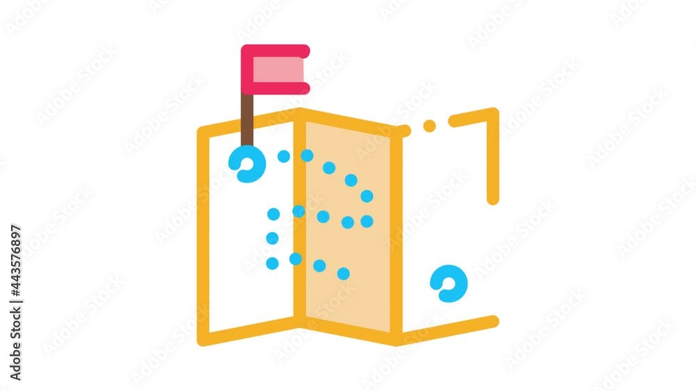 Poster map direction topography icon animation. color paper map with point and push pin in flag form animat