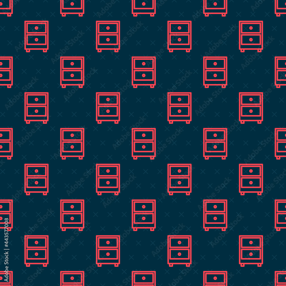 Poster red line drawer with documents icon isolated seamless pattern on black background. archive papers dr