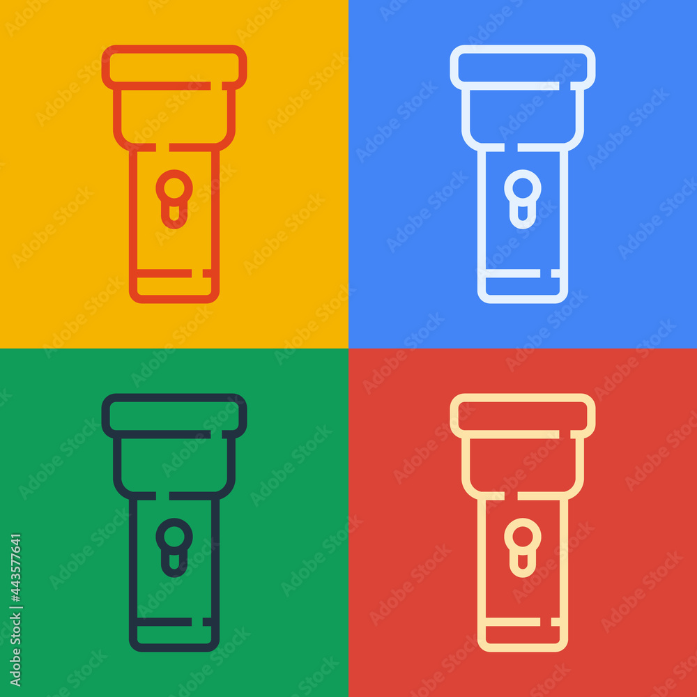 Poster pop art line flashlight icon isolated on color background. vector
