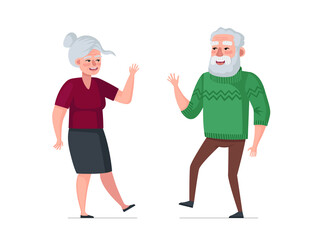 Elderly active joyful man and woman couple dancing. Healthy happy old age concept. People seniors enjoy spending time together on dance party. Grandma and Grandpa celebrate marriage date illustration