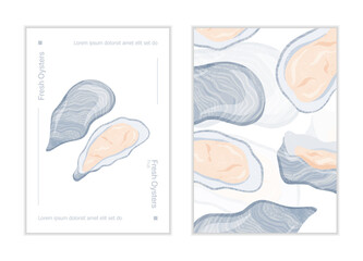 Fresh tasty seafood clams, oysters in seashells vector hand drawn poster concept with space for text.