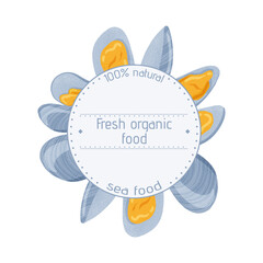 Fresh tasty seafood clams, shellfish in seashells vector hand drawn label design with text space.