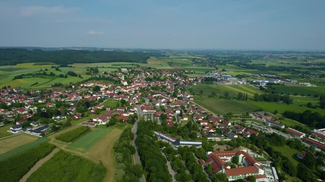 Aerial view around the city Bad Birnbach in Germany., Bavaria on a sunny afternoon in spring.
