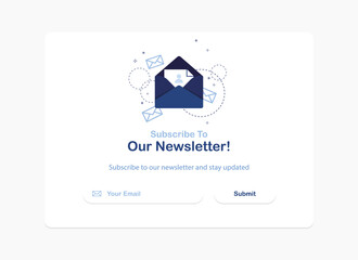 Vector banner illustration of email marketing. Subscription to newsletter, news, offers, promotions. A letter in an envelope. Buttons template. Subscribe, submit. Send by mail. Blue and White. Eps 10