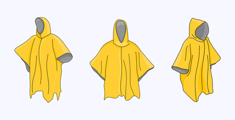 Yellow raincoat and poncho, rainwear in three dimensions  - obrazy, fototapety, plakaty