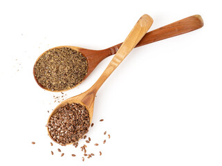 pile of flax seeds in a wooden spoon isolated on a white background.Protein food.