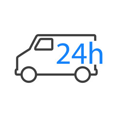 Servicio de entrega 24 horas. Icono con contorno de camión de reparto con lineas en color gris y azul