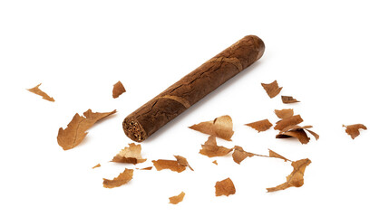 single cigars with tobacco leaves. Isolated over white background.