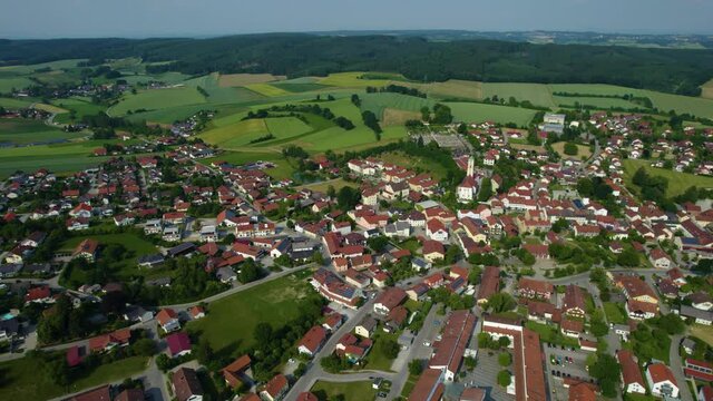 Aerial view around the city Bad Birnbach in Germany., Bavaria on a sunny afternoon in spring.