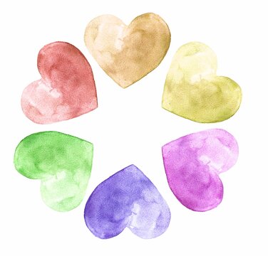 Set of hearts multicolor. Watercolor hand painting illustrations, isolated, white background