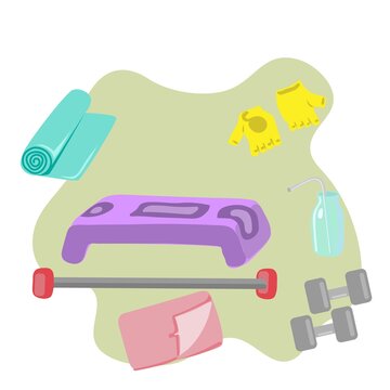 recommend clip art: Fitness kit step platform, bodybar dumbbells and gloves