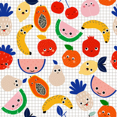 Seamless pattern with fruits characters. Summer kids print. Vector hand drawn illustration.