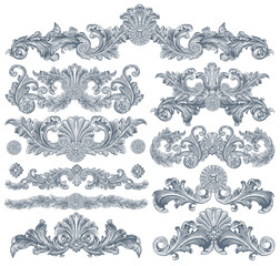 Vintage decorative ornamental monochrome elements. Design set. Editable hand drawn illustration. Vector engraving. Isolated on white background. 8 EPS - 443579037
