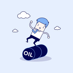Businessman Balancing on Oil Barrel Rolling. Cartoon character thin line style vector.