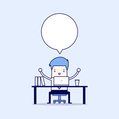Businessman who sits at the table in front of the computer and about something thought. Cartoon character thin line style vector.