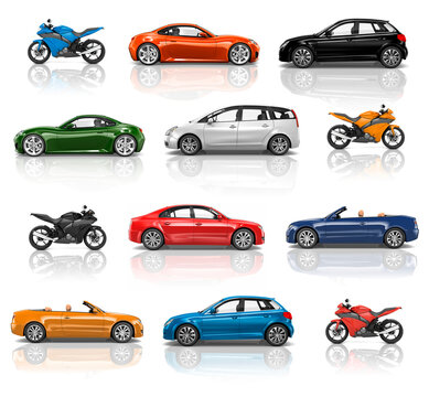 3d Illustration collection of cars and motorbikes