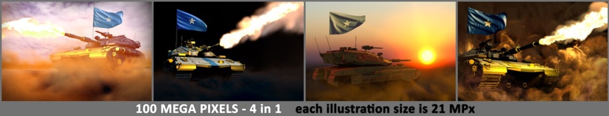 4 pictures of detailed modern tank with design that not exists and with Somalia flag - Somalia army concept, military 3D Illustration
