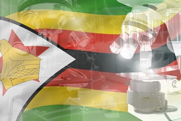Zimbabwe science development conceptual background - microscope on flag. Research in biotechnology or pharmacy, 3D illustration of object