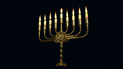 golden ornamental hanukkah menora glowing isolated. conceptual object 3D illustration