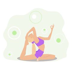 blonde girl in a purple suit doing yoga on a background of green leaves