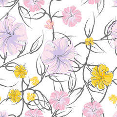 Pink Flowers Blooming Pattern. Pastel Watercolor.